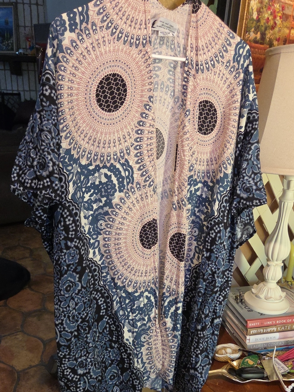 Women's Blue and Cream Open Front Kimono Cardigan